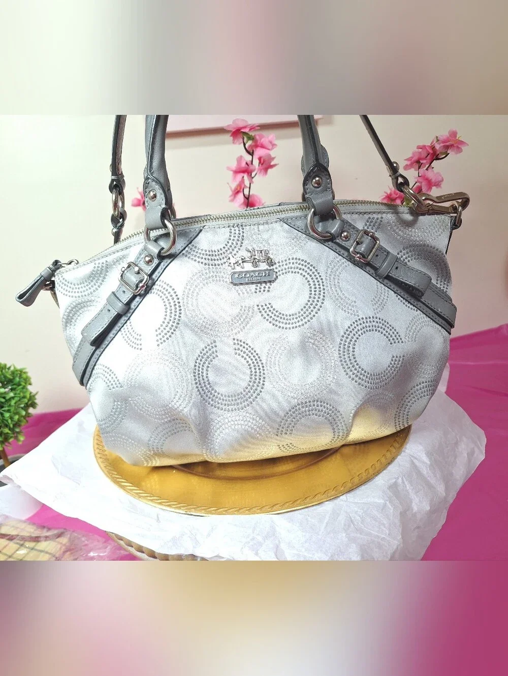 Coach Metallic Silver Signature Circle Shoulder Bag